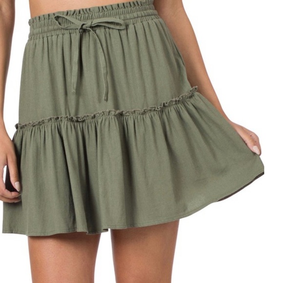 Olive Linen Ruffle Skirt - Picture 1 of 3